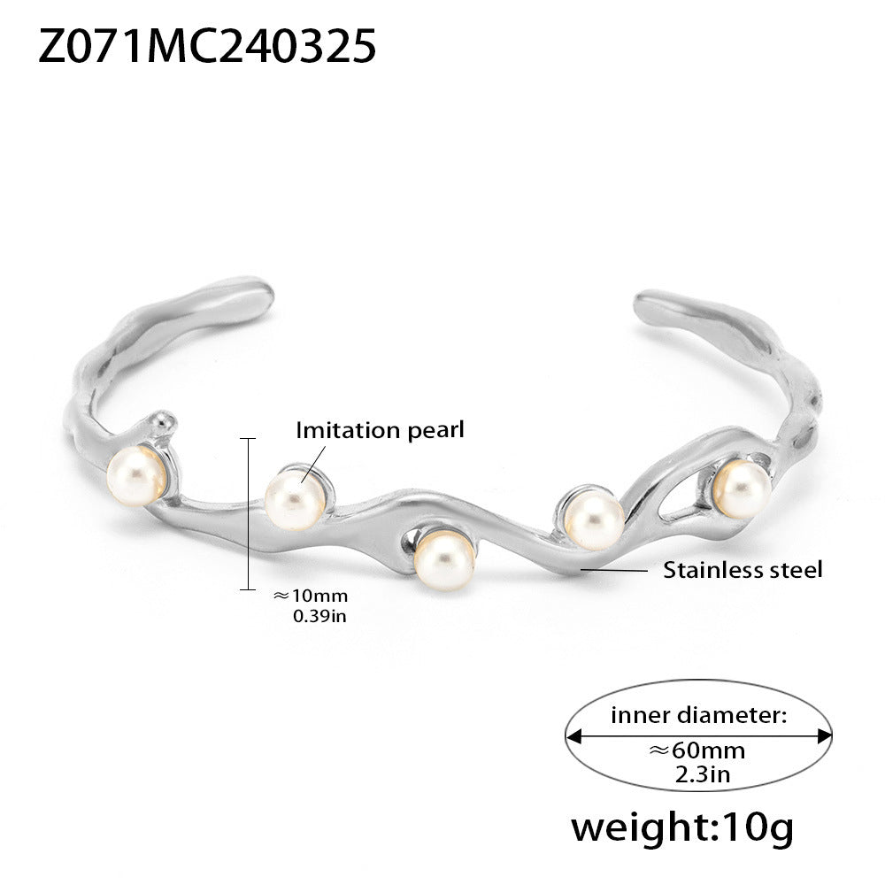 18K real gold plated imitation pearl opening bracelet personalized design non-fading titanium steel C-shaped bracelet 99