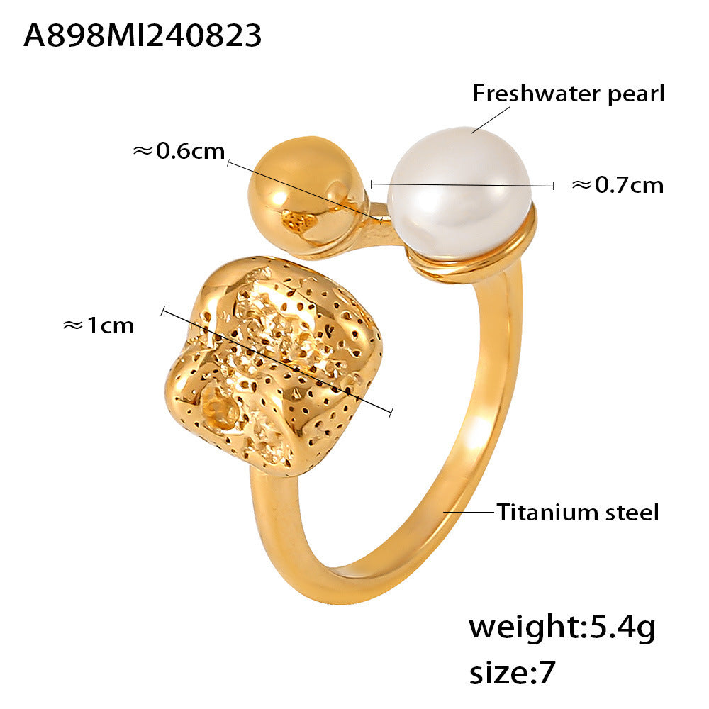 New Freshwater Pearl Ball Hollow Shaped Open Ring Titanium Steel 18K Gold Plated PVD Ring