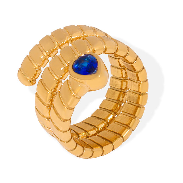 New fashionable retro personalized titanium steel gold-plated with water drop-shaped zircon winding texture open ring for women
