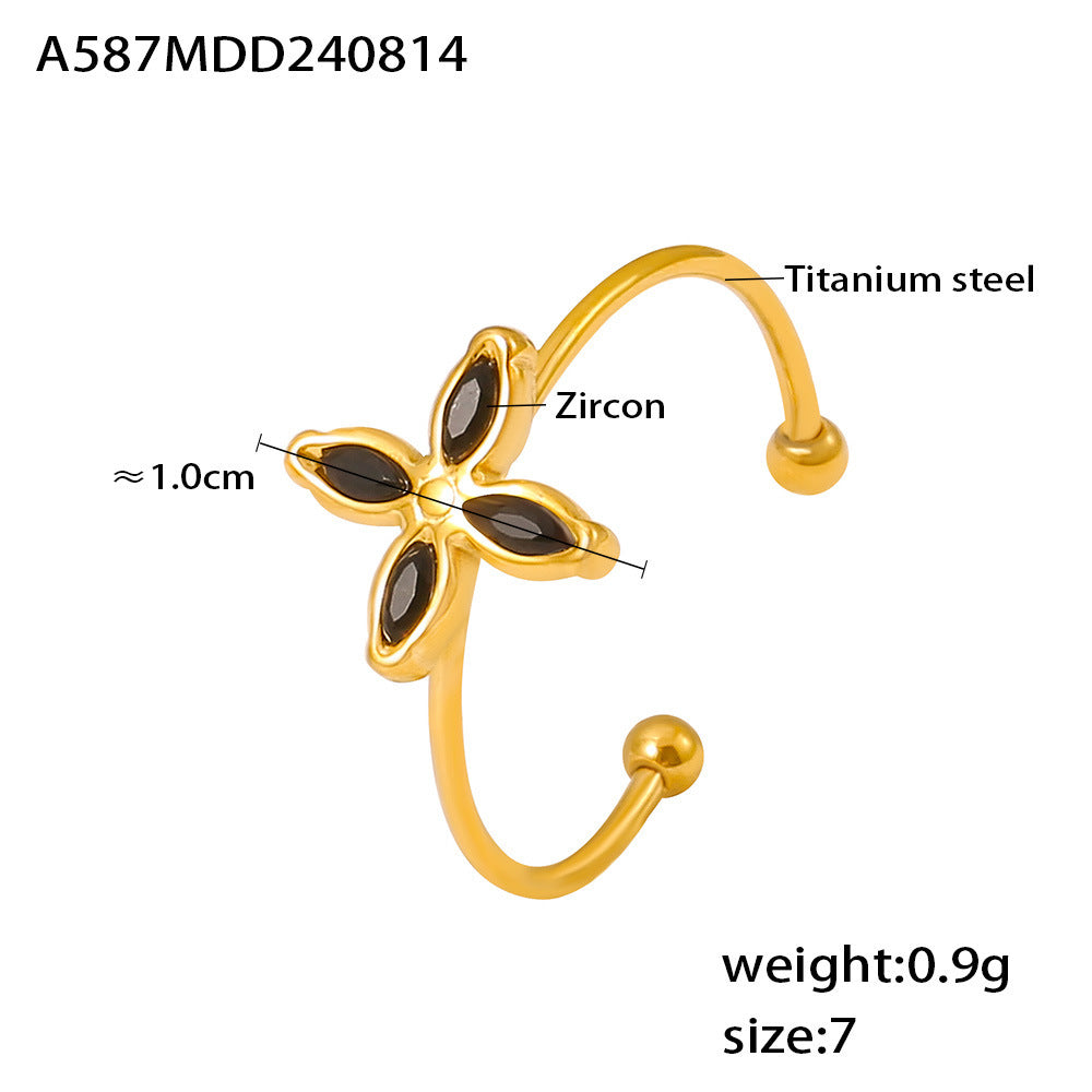 Niche four-petaled flower inlaid zircon pendant, collarbone necklace, open ring, titanium steel plated 18k real gold set, women's 99.