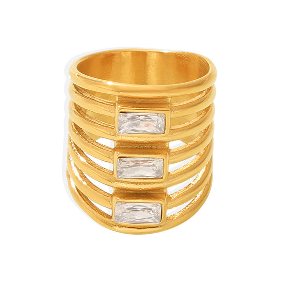 Multi-layer square zircon exaggerated ring women's fashion hollow versatile stainless steel gold-plated non-fading index finger ring pp