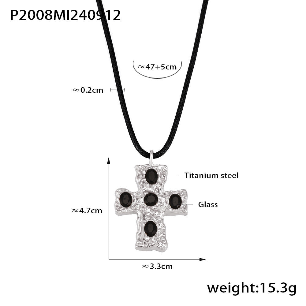 Beat Glass Cross Black Rope Necklace Titanium Steel 18K Gold Plated PVD Necklace
