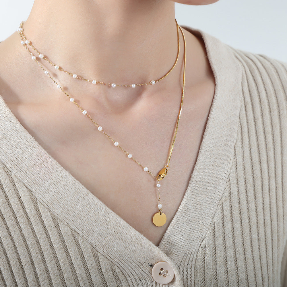 New cold wind simple niche design personalized light luxury pearl titanium steel pendant collarbone chain versatile necklace jewelry pp