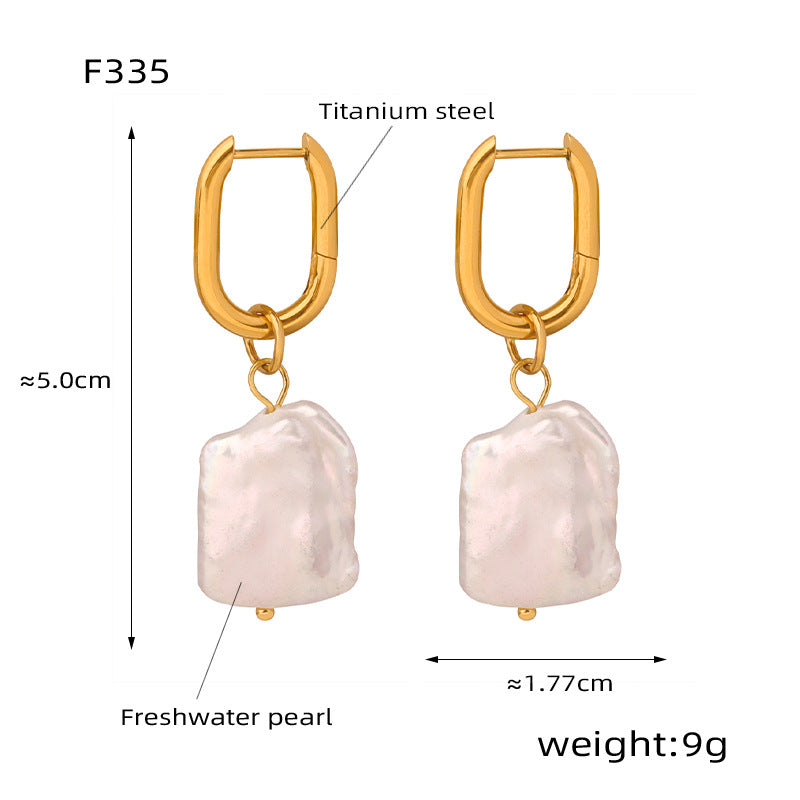 New retro light luxury personalized titanium steel gold-plated irregular freshwater pearl earrings women's jewelry wholesale