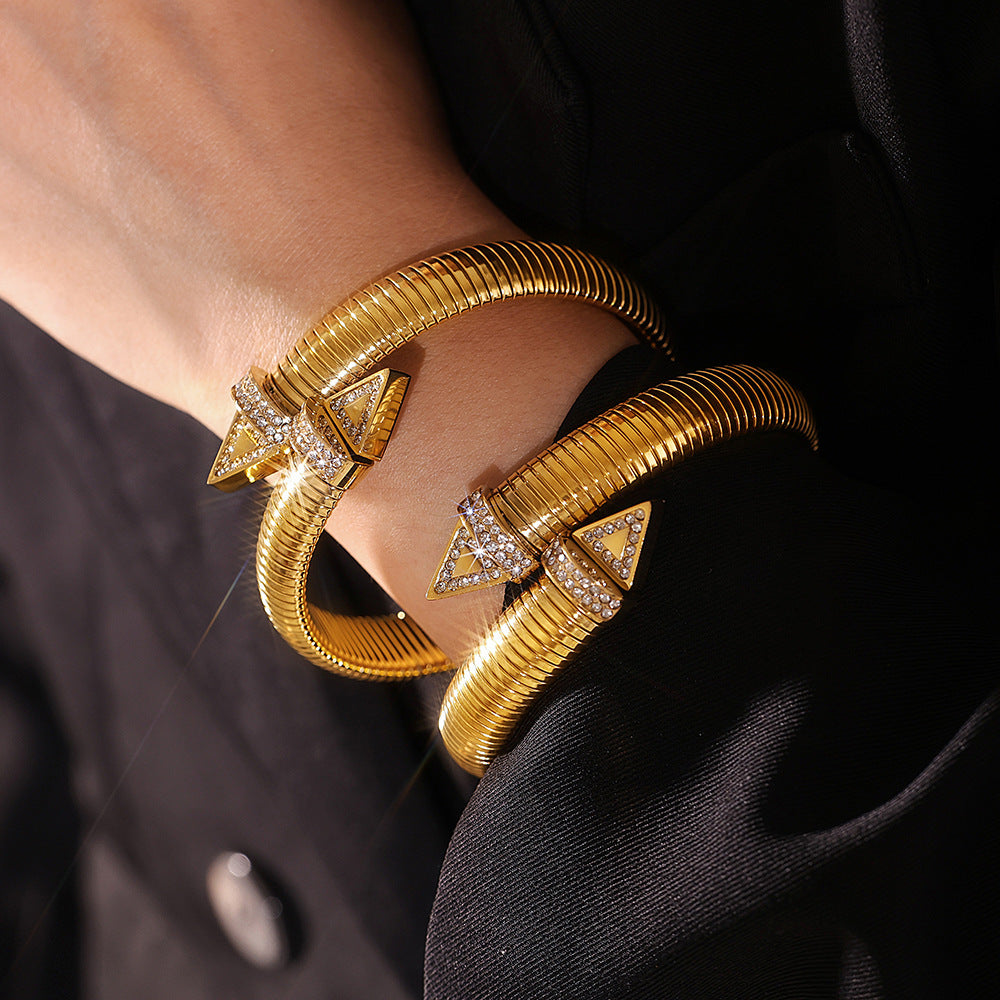 Goose Throat Open Bracelet Titanium Steel Plated Personality Triangle Belt Diamond Bracelet Versatile Spring Plated 18k Gold Bracelet Women