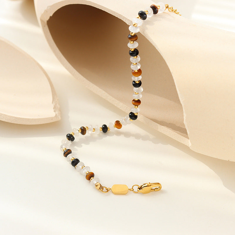 High-end natural bracelet, white jade, black agate, tiger's eye stone, personalized handmade beaded fashion bracelet, commuter women's jewelry.