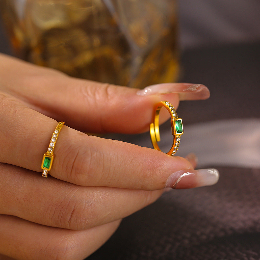 2024 new square glass stone ring titanium steel plated 18k real gold fashion personalized open women's ring pp