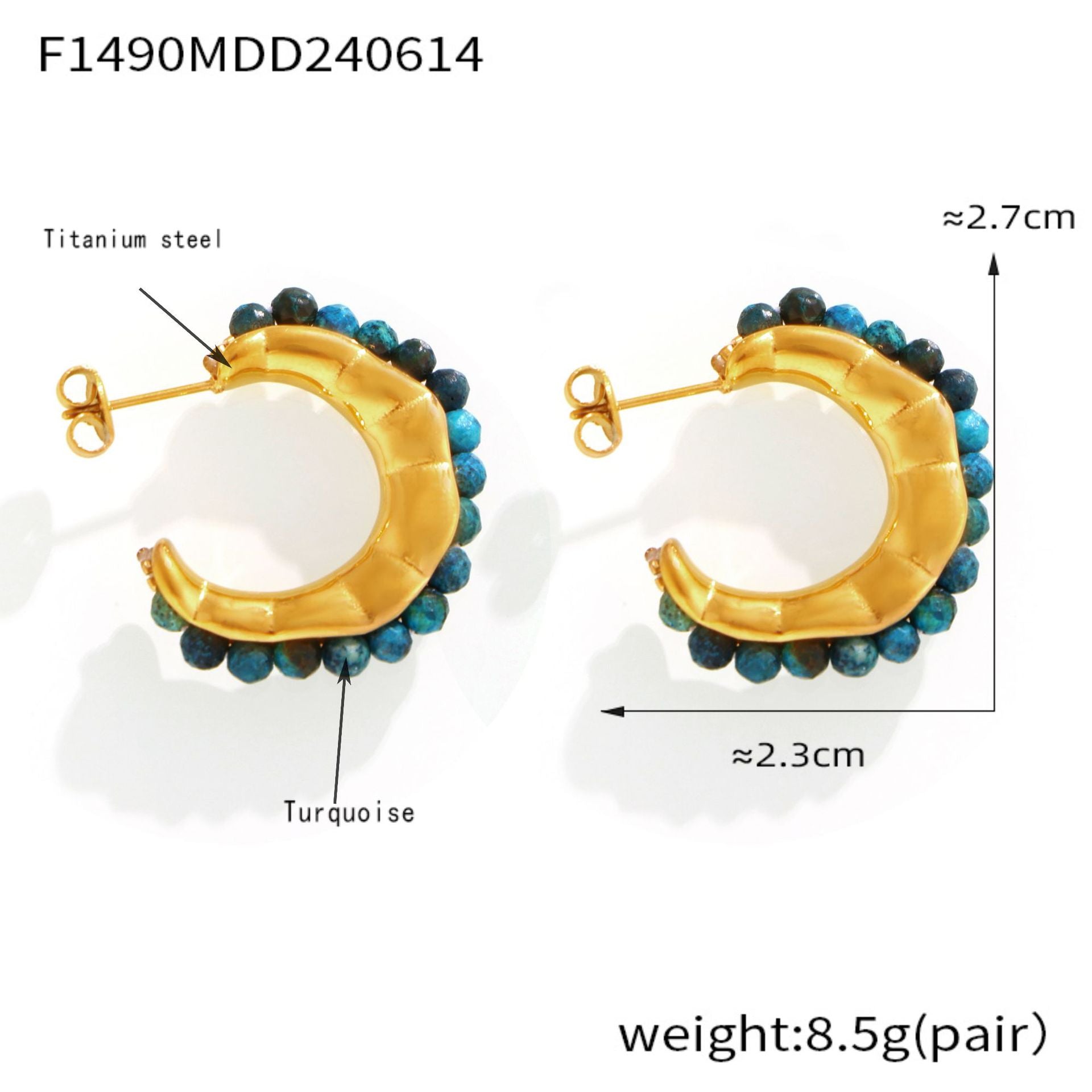Dopamine wear fashionable simple personality elegant jewelry inlaid with colorful natural stone design titanium steel C stud earrings pp