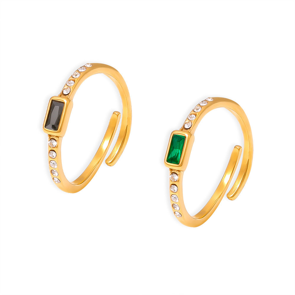 2024 new square glass stone ring titanium steel plated 18k real gold fashion personalized open women's ring pp