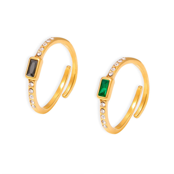 2024 new square glass stone ring titanium steel plated 18k real gold fashion personalized open women's ring pp