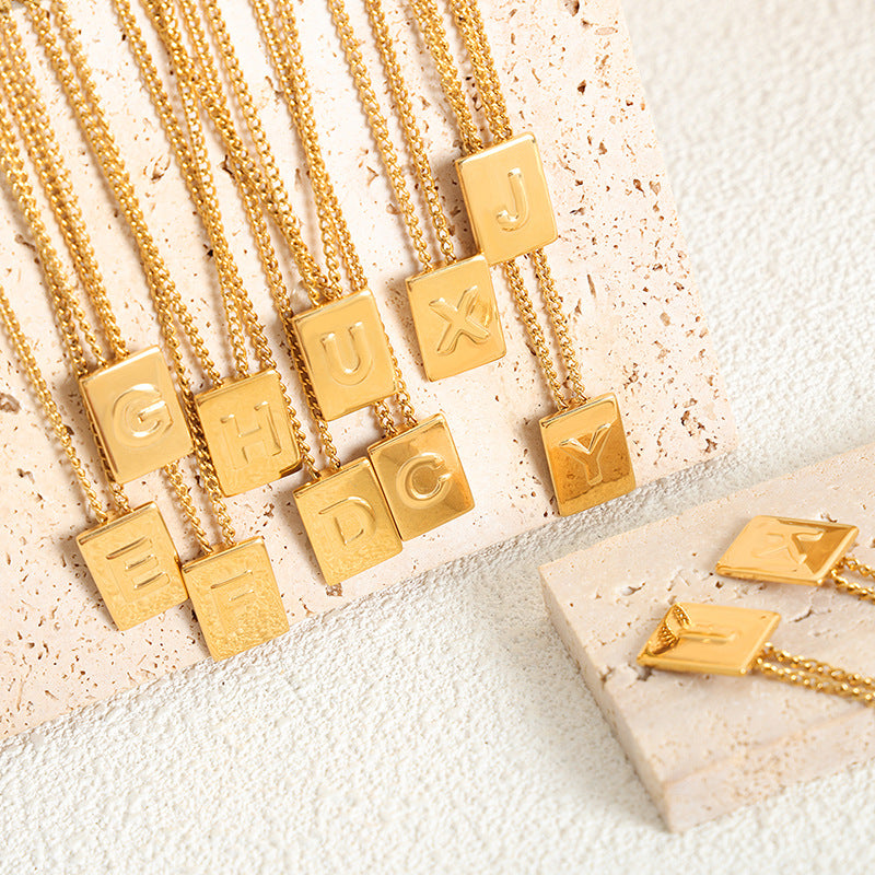New personalized 26-letter chain square titanium steel gold-plated pendant jewelry women's spot wholesale