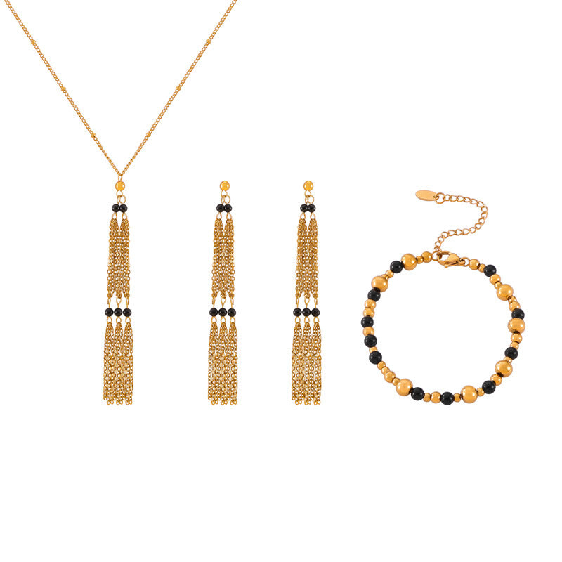Retro niche personalized jewelry geometric multi-layer chain splicing agate stone beaded design titanium steel jewelry set 99