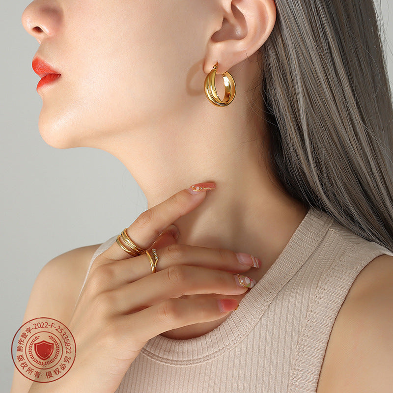 Cold wind and harbor style temperament double spell U shape earrings titanium steel plated 18k gold personalized earrings female F375