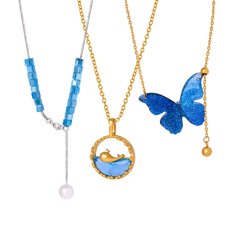 Simple personality fringed chain design sense blue pendant men's and women's titanium steel gold-plated jewelry set 99