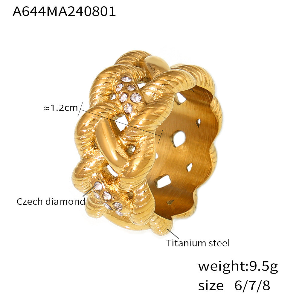 Vintage twisted rope with diamond hollowed out twist ring niche retro design titanium steel plated 18k real gold jewelry