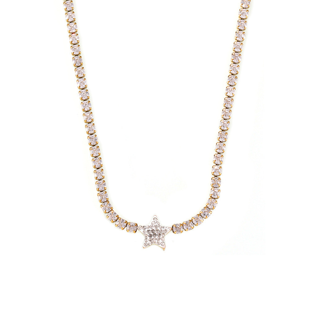 Vintage new geometric star pendant necklace inlaid with zircon titanium steel plated 18k gold collarbone chain jewelry