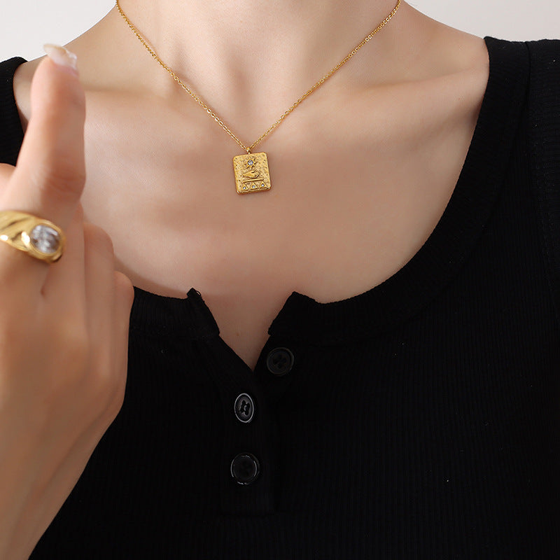 Ancient Egyptian relief hand rest sun square pendant inlaid with zircon necklace titanium steel plated 18K gold collarbone chain