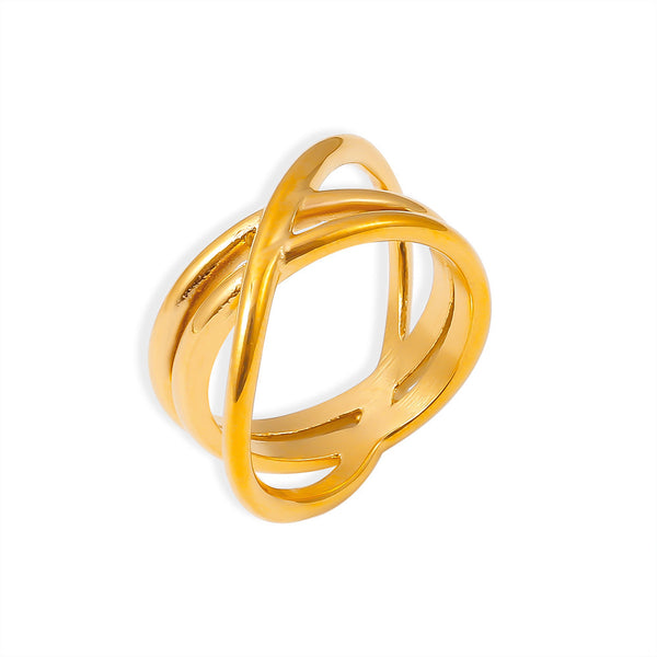 Design sense winding hollow cross line ring, titanium steel electroplated 18k gold ring cold wind hand jewelry pp