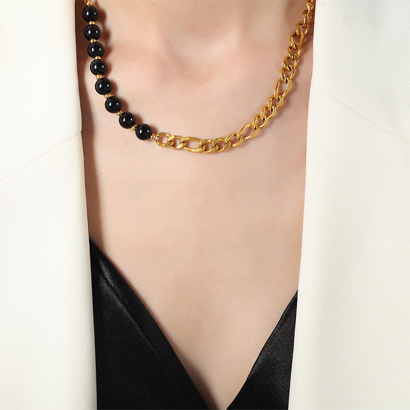 New retro light luxury fashion titanium steel gold-plated niche design versatile black agate AB chain necklace jewelry women