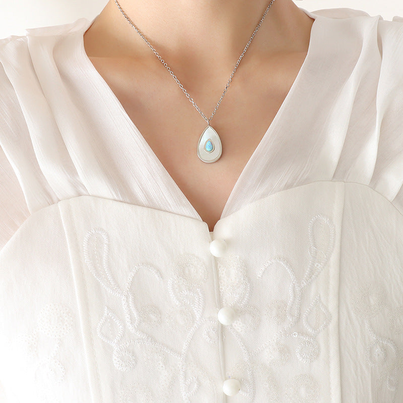 Cold Feng Shui Drop Shape Pendant Necklace Female, White Sea Pui'ao Gemstone Inlaid Versatile Fashion Clavicle Chain
