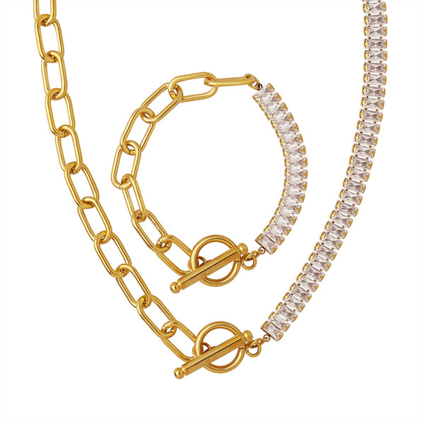 Cold wind exaggerated chain OT buckle design zircon personalized necklace hip hop non-fading bracelet jewelry set 99
