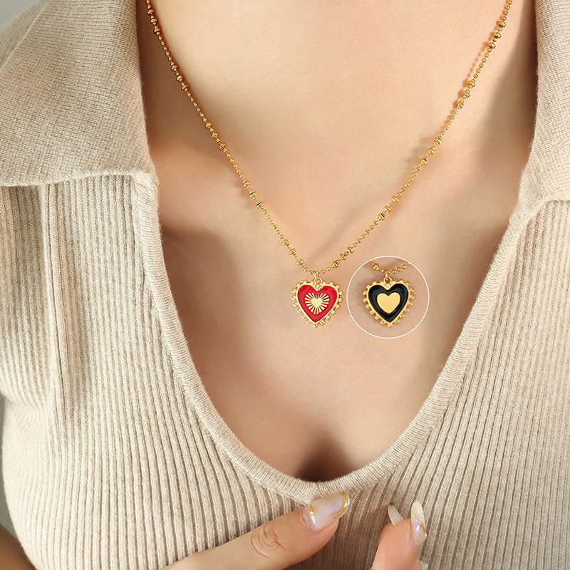 Accessories, double-sided red and black peach heart oil drop pendant necklace, simple light luxury love creative fashion