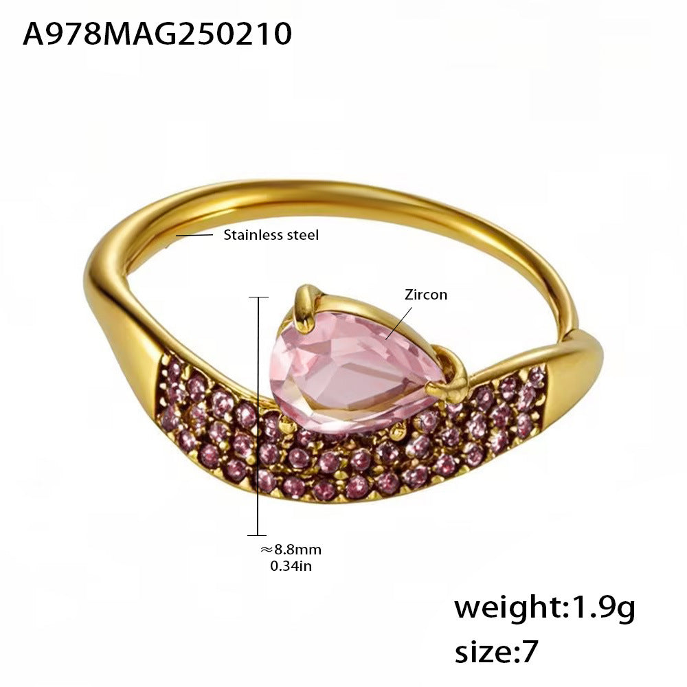 Super flash full diamond zircon water drop ring design sense niche light luxury titanium steel plated 18k gold index finger ring