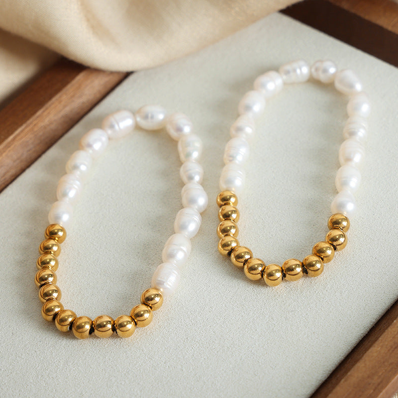 New light luxury and versatile high-end natural freshwater pearl handmade beaded titanium steel gold-plated bracelet jewelry