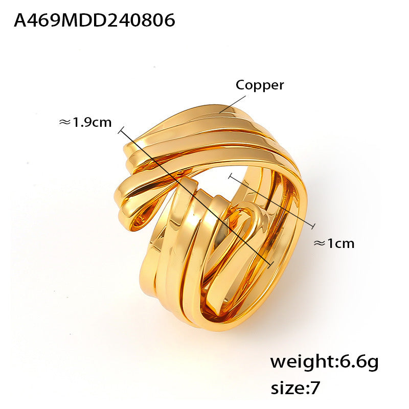 Folded hollow line splicing ring copper plated with 18k real gold does not fade cold wind opening ring pp