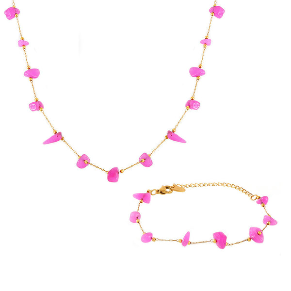 Light luxury bohemian pink natural stone handmade collarbone necklace bracelet stainless steel women's set