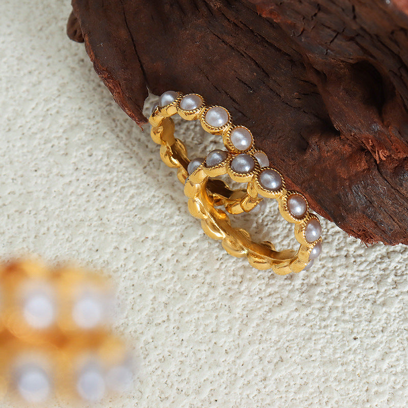 Vintage Gypsy Baroque High Gloss Beads Light Luxury Elegant Temperament Titanium Steel Ring Women's Ring Jewelry