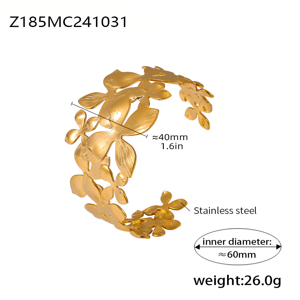Flower wide version open bracelet stainless steel PVD electroplating real gold fashionable and popular cross-border special supply
