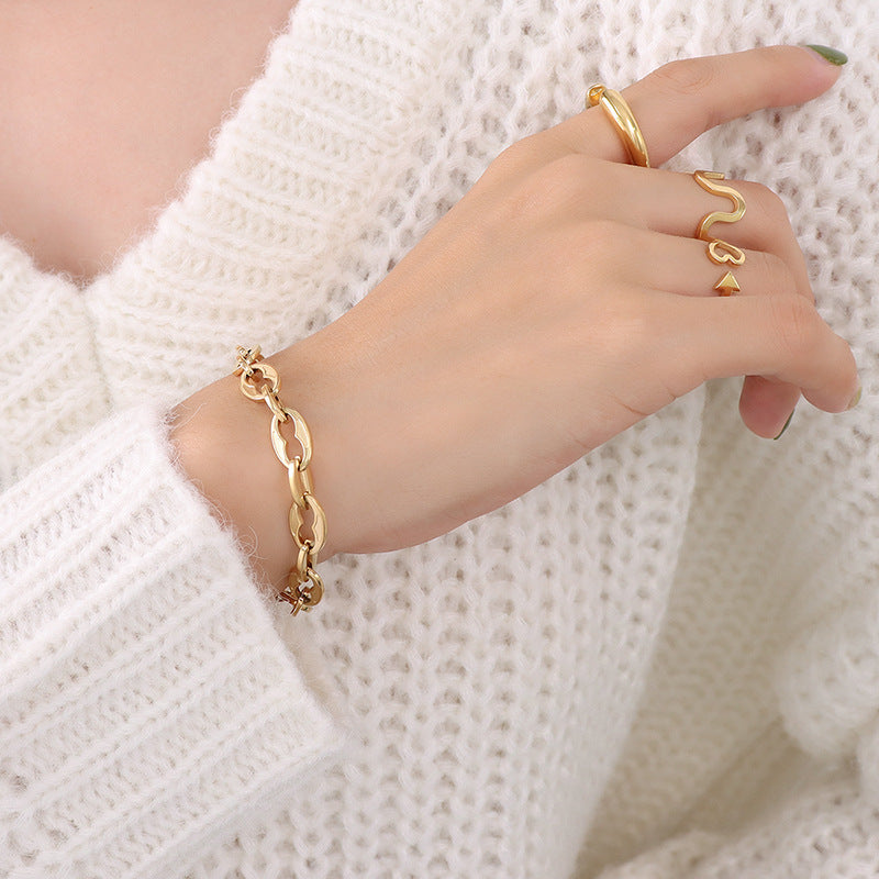Hip-hop design geometric elements stacked simple bare chain titanium steel plated 18K gold bracelet accessories set pp