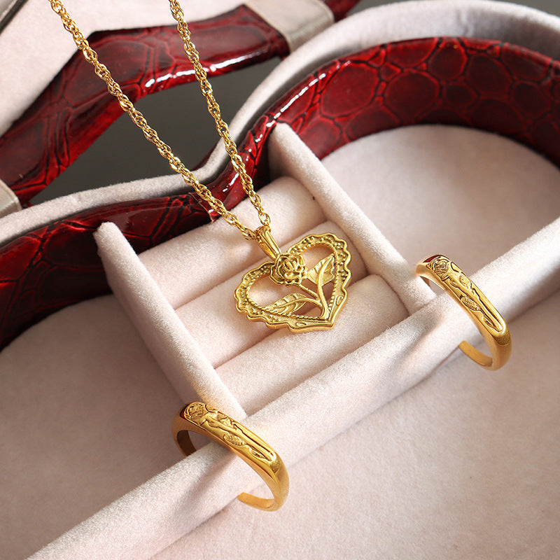 Vintage irregular love rose hollow pendant flower ring necklace titanium steel gold-plated jewelry set pp