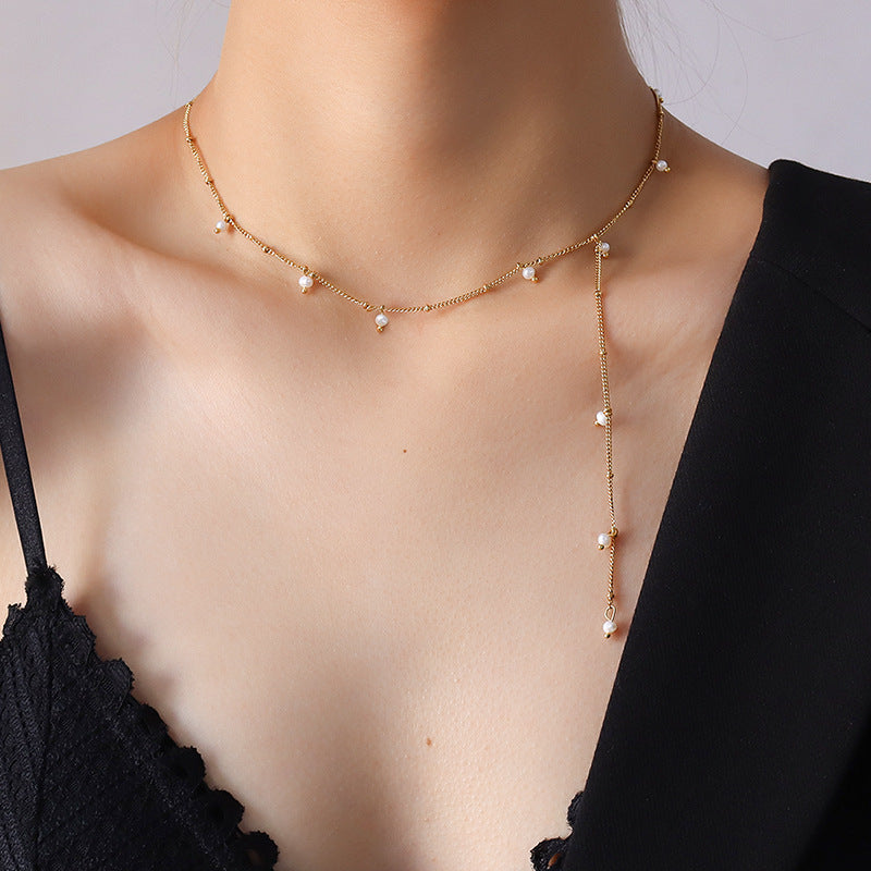 Cold wind fashion Y-shaped fringed long letter necklace collarbone chain titanium steel plated 18k real gold jewelry 99