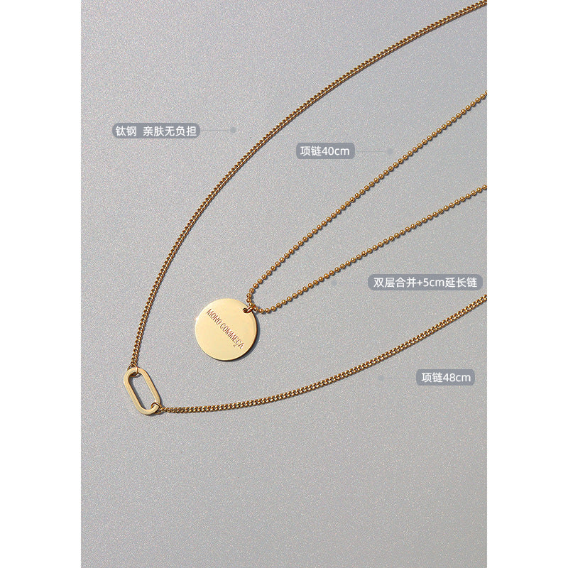 Big Round Brand Geometric Oval Clavicle Neck Chain Hip Hop Style Double Layer Stacked Titanium Steel Necklace Women's Jewelry Pendant