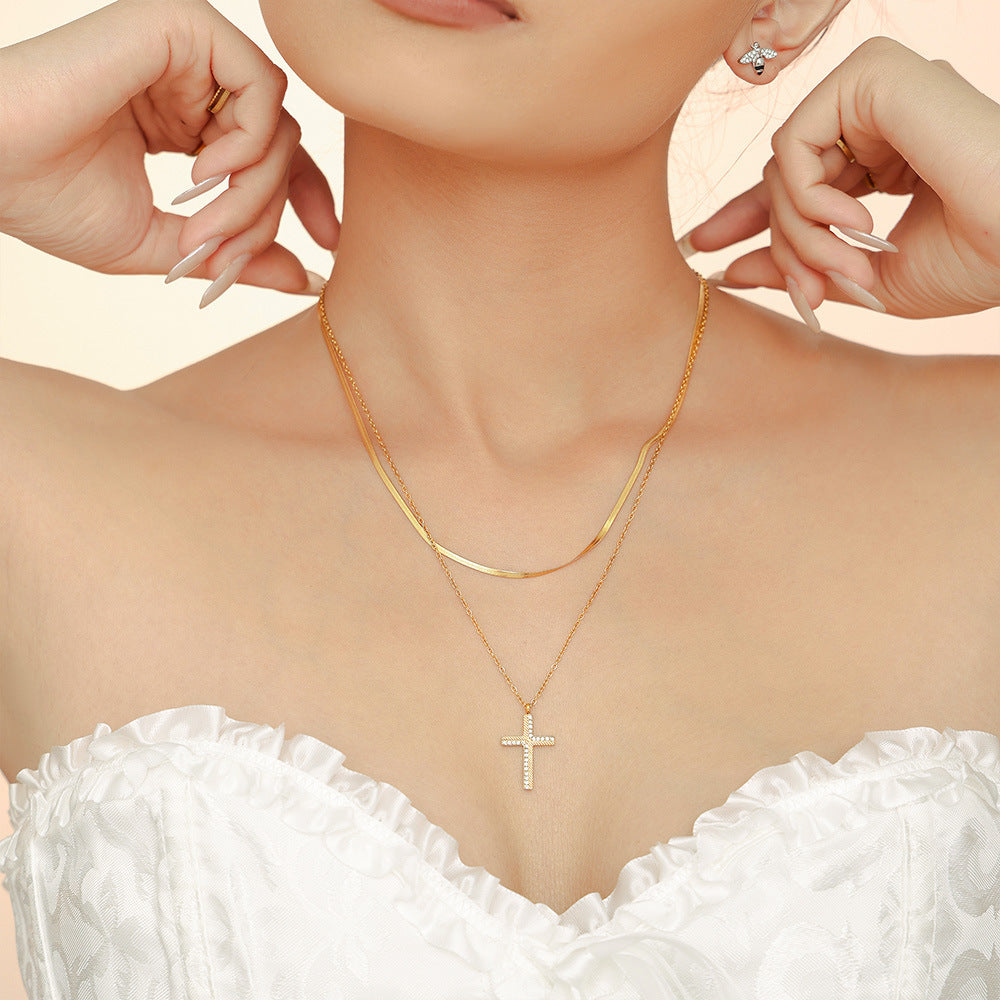 Creative twill cross zircon pendant necklace female niche light luxury stacking wearing titanium steel collarbone chain female 9