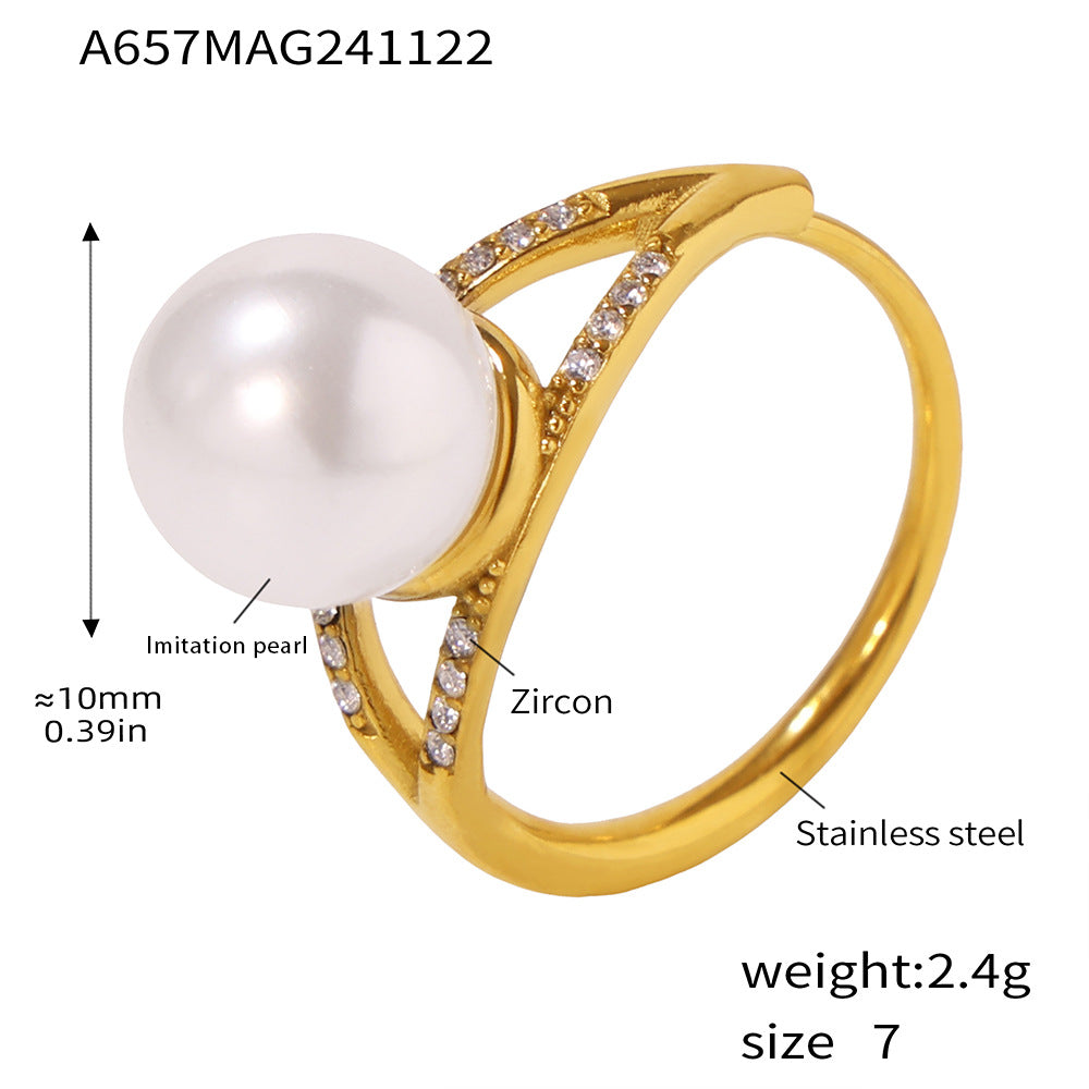 Handmade inlaid zircon imitation pearl ring women's niche side opening high-version texture non-fading jewelry pp