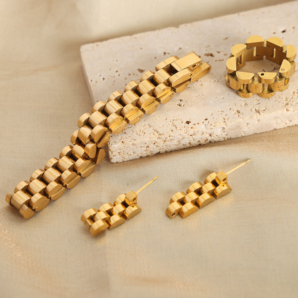 New high-end personalized chain titanium steel gold-plated creative fashion bracelet earrings ring set jewelry women pp