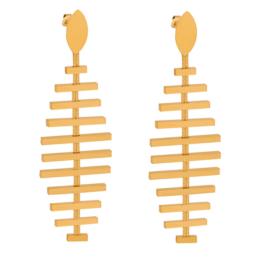 New personalized niche design fashion creative titanium steel plated 18K goldfish bone long earrings jewelry wholesale