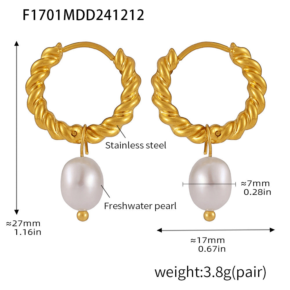 Stainless steel twist buckle natural freshwater cultured pearl stud earrings PVD electroplated 18K real gold earrings women's 99