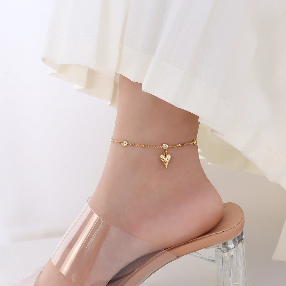 Marka niche design sense versatile titanium steel plated 18k gold zircon peach heart anklet jewelry women