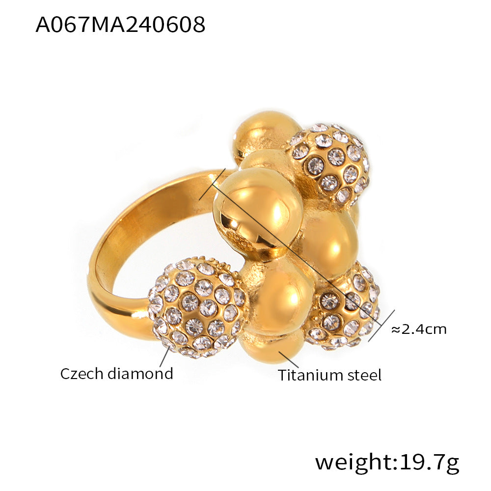 Simple personality round bead splicing titanium steel ring light luxury style diamond-set design sense temperament versatile index finger ring pp