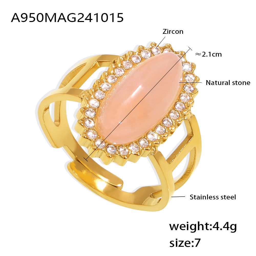 Jewelry 3A zircon inlaid natural stone open ring titanium steel plated 18K gold adjustable ring jewelry spot supply