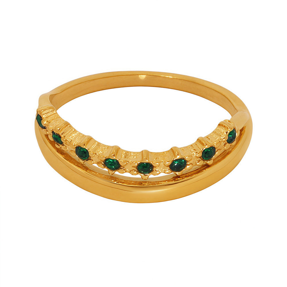 Simple light luxury stainless steel green zircon ring women's tail ring electroplating 18k real gold does not fade