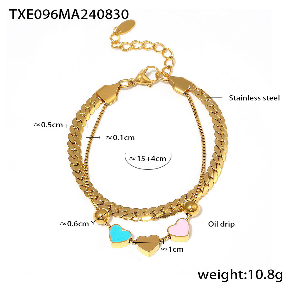 Hot-selling color drip love double-layer necklace bracelet retro niche light luxury stainless steel set jewelry pp