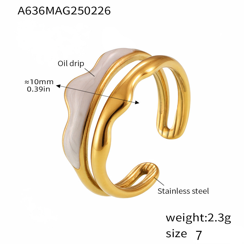 Weight color glaze double layer wave ring temperament creative opening stainless steel plated real gold does not fade jewelry women
