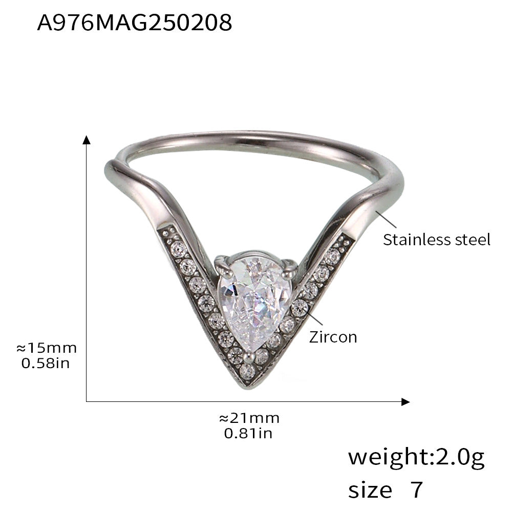 V-shaped full diamond 5A zircon side opening adjustable stainless steel ring does not fade fashionable light luxury index finger ring 99