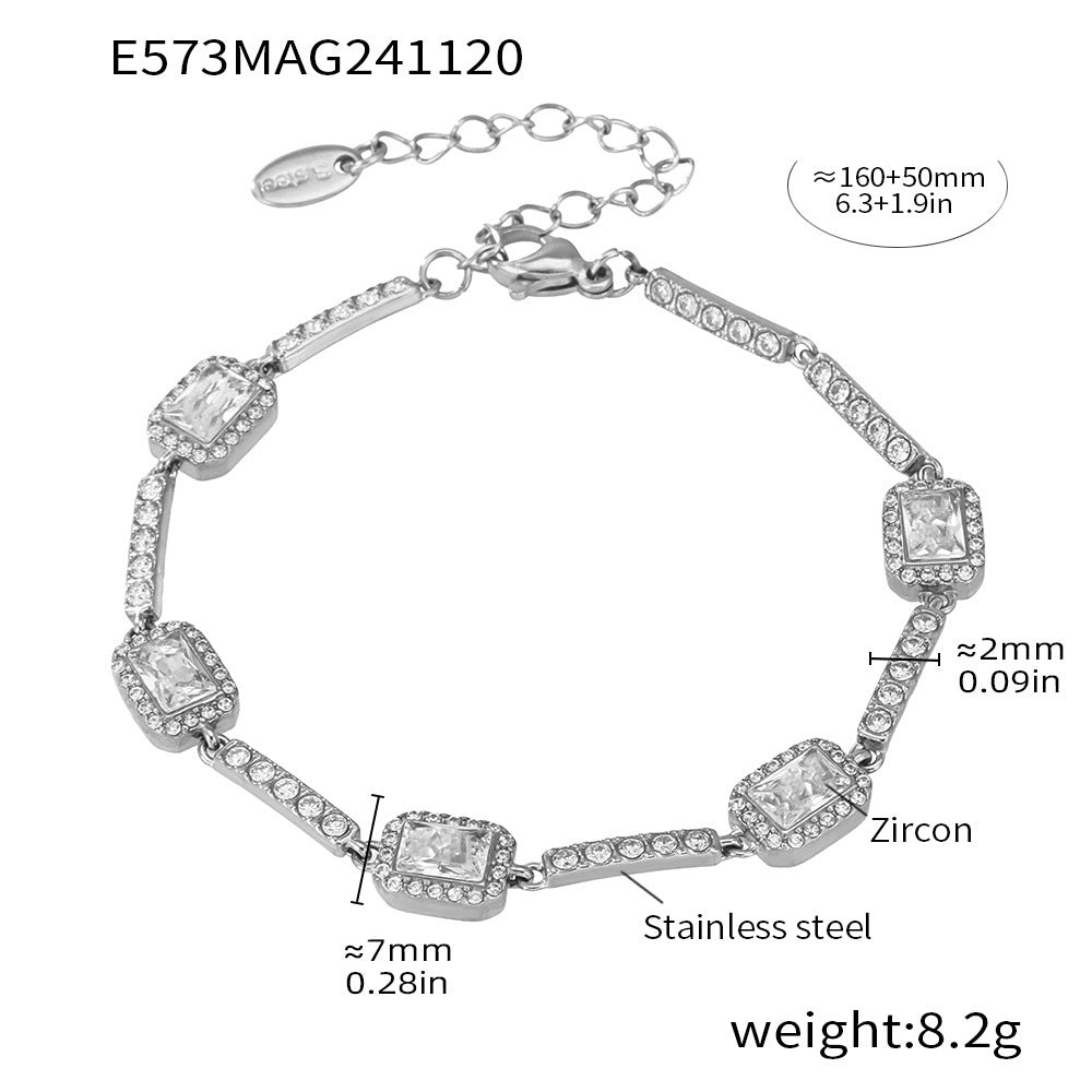 Stainless steel geometric super flash zircon bracelet, high-texture hand-inlaid luxury color-preserving jewelry combination