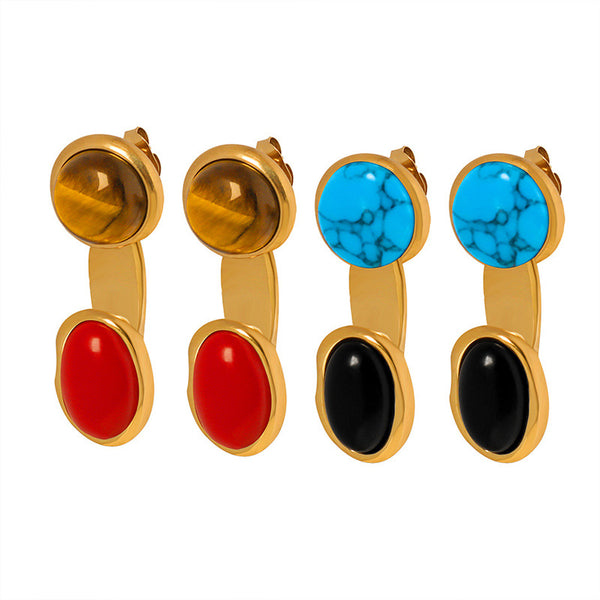 Autumn and winter titanium steel design detachable two wear inlaid colored natural stone earrings simple retro earrings jewelry women's pp